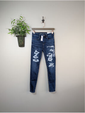NEW American Eagle 2 Hi Rise Jegging Skinny Jeans Dark Distressed Stretch AE